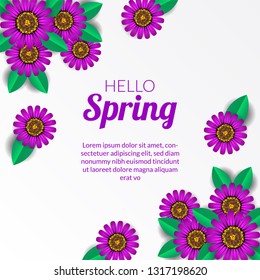 Hello Spring banner background template with purple flower blossom happy joy