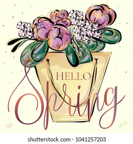 Hello spring banner with beautiful flower bouquet, luxury hand drawn vector illustration clipart art