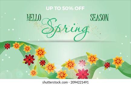 Hello Spring  banner with beautiful flower. Can be used for template, banners, wallpaper, flyers, invitation, posters, brochure, voucher discount. Vector illustration - Images vectorielles