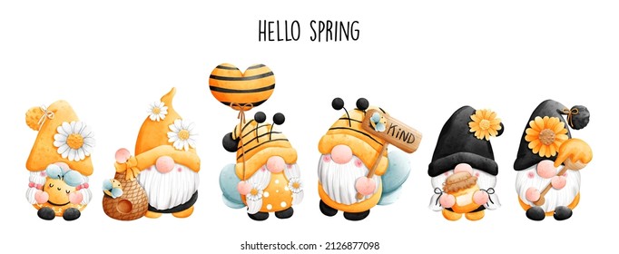 Hello Spring Banner With Bee Gnome. Vector Illustration