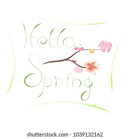 Hello Spring banner. Bloom branch with pink and orange tropical flowers, buds. Cartoon design isolated on white. Leaf letters design. Hand drawn copyspace. Flowering branches vector illustration.