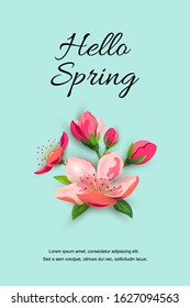Hello spring banner with blossom sakura, cherry flowers. Place for text. Great for oriental invite, flyer, beauty offer, spring sale, Mother's and Woman's day.