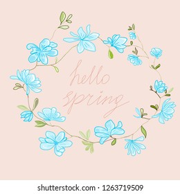 Hello spring banner. Blue flowers. Light pink background.