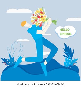 Hello spring banner. Boy adore spring flowers bouquet. Modern blue color illustration for web, for print, for postcard