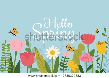 Hello Spring banner with colorful flowers and butterflies. Decorative spring floral background with butterflies. Vector illustration for backgrounds, posters, cards, and design.