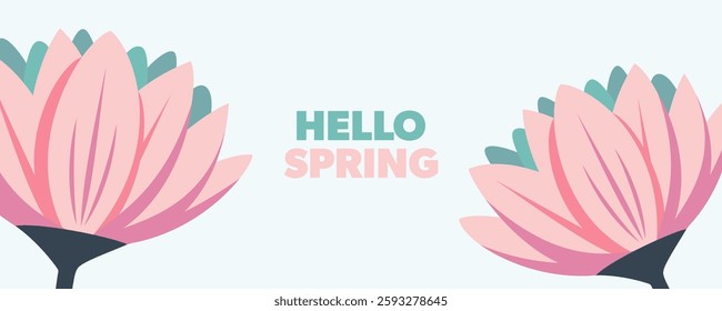 Hello Spring banner with cute flowers for Springtime season greetings and invitations. Vector illustration.