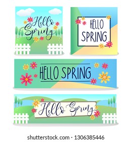 Hello spring banner design collection for web and media social posting.