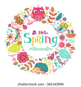 Hello Spring banner in doodle style, hand-drawn animals and insects, flowers and plants