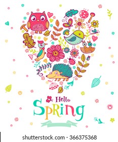 Hello Spring banner in doodle style, illustrations in the heart shape