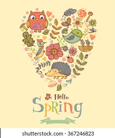 Hello Spring banner in doodle style, illustrations in the heart shape