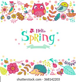 Hello Spring banner in doodle style, hand-drawn animals and insects, flowers and plants