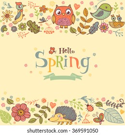 Hello Spring banner in doodle style, hand-drawn animals and insects, flowers and plants