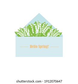 Hola banner de primavera. Sobre con fondo floral primaveral. Lilies del diseño de arte del valle material ilustración vectorial para web, para impresión
