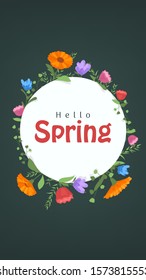 Hello Spring Banner with flower around the white circle for Spring Sale Campaign. Spring Season Banner. Vertical Orientation
