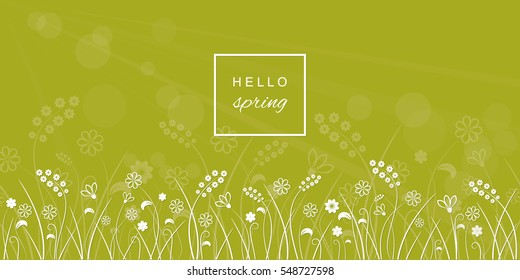 Hello spring banner with flower meadow line border on blurred light green background. 