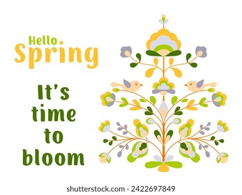 Hello spring banner with flowers and birds on tree of life. Blooming cherry tree, starling bird, spring flowers. Folk style floral zoomorphic ornament. Abstract spring blossom on twigs.