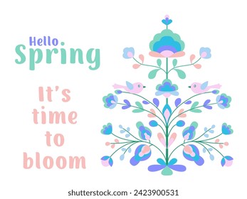 Bonjour bannière printanière avec fleurs et oiseaux sur l'arbre de vie. Cerisier en fleurs, oiseau étoilé, fleurs printanières. Un ornement zoomorphique floral de style folklorique. Fleur de printemps abstraite sur les brindilles.