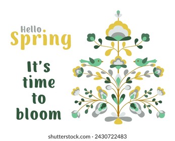 Bonjour bannière printanière avec fleurs et oiseaux sur l'arbre de vie. Sakura en fleurs, poulailler, fleurs de printemps. Un ornement zoomorphique de style ethnique. Fleur de printemps abstraite au printemps.