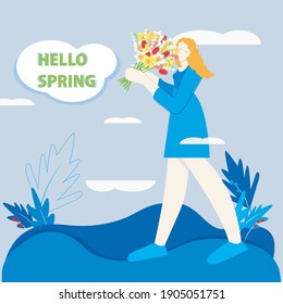 Hello spring banner. Girl adores spring flower bouquet. Modern blue color illustration for web, for print, for postcard