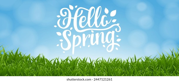 Hello Spring Banner With Grass 
With Gradient Mesh, Vector Illustration