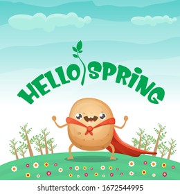 Hello Spring Banner Or Greeting Card With Cute Super Hero Potato With Red Hero Cape On Green Summer Forest Landscape Background. Super Vegetable Kawaii Food Funky Character