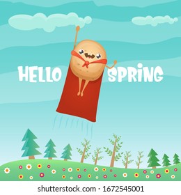 Hello spring banner or greeting card with cute super hero potato with red hero cape on green summer forest landscape background. Super vegetable kawaii food funky character