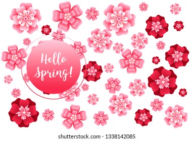 Hello spring banner. Greeting to spring vector card, hello text. Elegant cards with pink roses