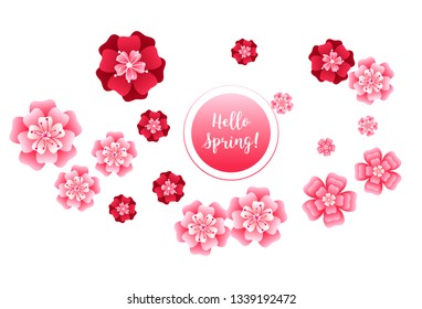 Hello spring banner. Greeting to spring vector card, hello text. Elegant cards with pink roses
