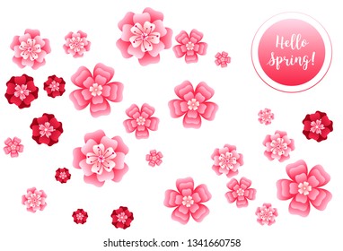 Hello spring banner. Greeting to spring vector card, hello text. Elegant cards with pink cherry