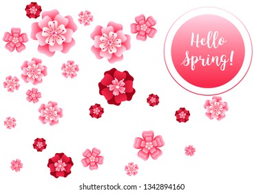 Hello spring banner. Greeting to spring vector card, hello text. Elegant cards with pink cherry