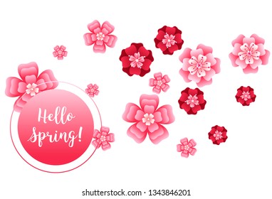 Hello spring banner. Greeting to spring vector card, hello text. Elegant cards with pink cherry
