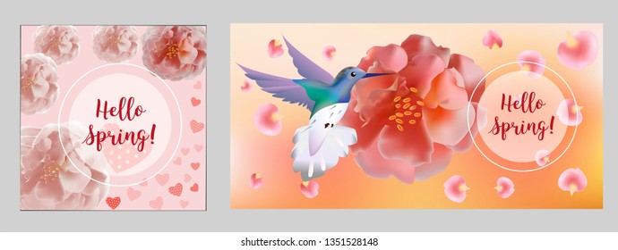 Hello spring banner. Greeting to spring vector card, hello text. For advertising, sales, discounts, super offers