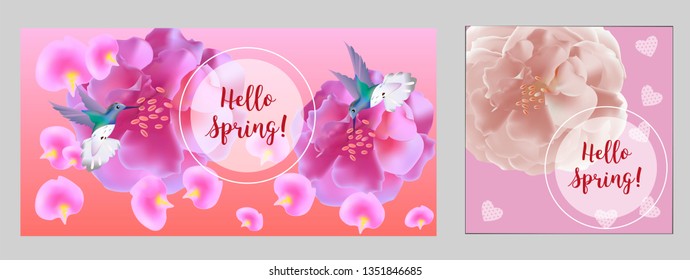 Hello spring banner. Greeting to spring vector card, hello text. For advertising, sales, discounts, super offers