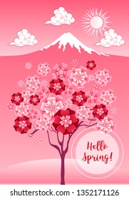 Hello spring banner. Greeting to spring vector card, hello text. For advertising, sales, discounts, super offers