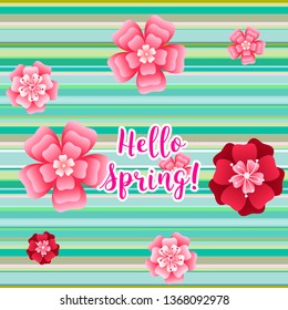 Hello spring banner. Greeting to spring vector card, hello text. For advertising, sales, discounts, super offers