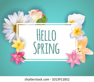 Hello Spring Banner Greetings Design  Background with Colorful Flower Elements. Vector illustration. EPS10