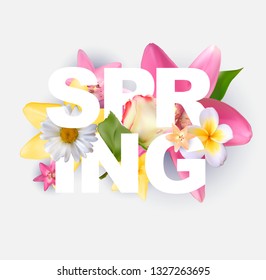 Hello Spring Banner Greetings Design  Background with Colorful Flower Elements. Vector illustration. EPS10