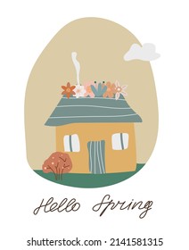Hello spring banner with hand drawn lettering. Happy Easter poster. Boho blooming house. Bohemian style. Springtime concept. Cute season decoration. Vector stock illustration