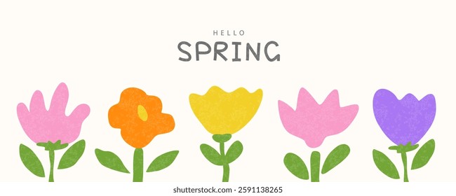 Hello spring, banner with hand drawn spring flowers. Poster or card for spring holiday. Hand drawn floral template for seasonal greetings, web banner, advertisement. Vector illustration