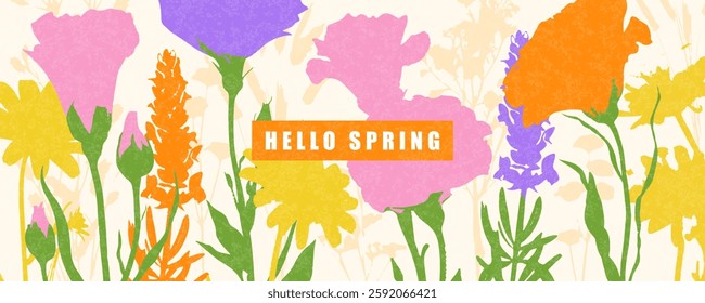 Hello spring, banner with hand drawn bright spring flowers and grainy texture. Poster or card for spring holiday. Hand drawn floral template for Women's Day March 8, Mother's Day, Easter or birthday. 