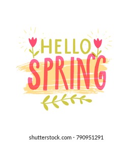 Hello spring banner with hand drawn letters, pink and green colors, decorated with small tulip flower