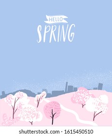 Hello spring banner with hand lettering and cherry blossom trees. Pink blooming hills and city skyline on the background. 