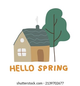 Hello spring banner. Happy Easter poster. Boho house and tree. Bohemian style. Springtime concept. Religion holiday decoration. Vector stock illustration