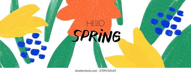 Olá, Spring banner. Cartão de saudação horizontal com flores. Tulipas simples desenhadas à mão, folhas. Fundo para o dia das mães, Páscoa
