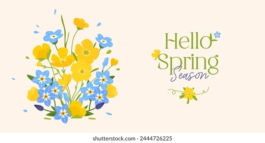 Hallo Frühling Banner oder Horizontales Poster für Frühlingsferien mit gelber Butterschale und Vergissmeinnicht Myosotis Blume. Hand gezeichnet Blumenhintergrund für Ostern, Geburtstag oder Muttertag, Grußkarte