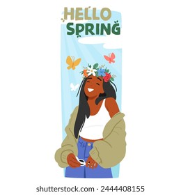 Hello Spring Banner with Joyous Young Girl Character In A Floral Wreath, Surrounded By Whimsical Butterflies. Welcome The Season With Vibrant Hues And Renewal. Cartoon People Vector Illustration