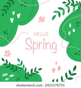 Hello Spring banner with leaf and doodle elements for greeting card, invitation template. Colorful spring postcard.