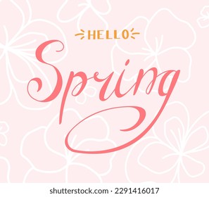 Hello spring banner on light pink background with flowers.