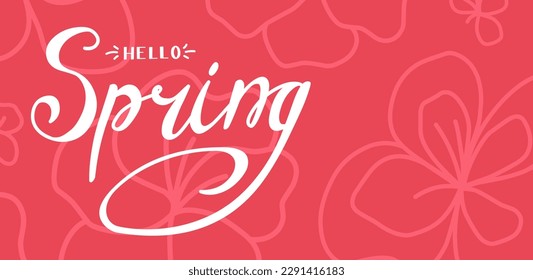 Hello spring banner on red background with flowers.
