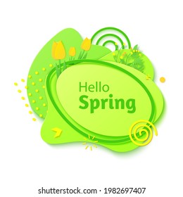 Hello Spring banner in paper cut style. Green color gradient abstract layers cut out from cardboard. Memphis art label with spring season flowers and geometric shapes. Vector card illustration